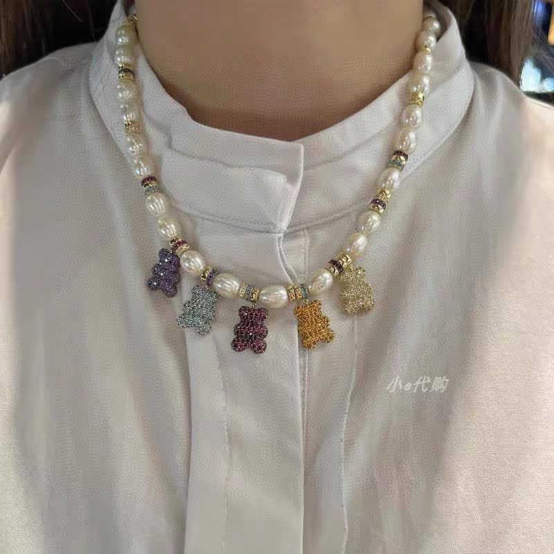 APM Monaco Pearl and Crystal Bear Charm Necklace